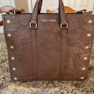 Betsey Johnson Chocolate Brown Embossed Skull and Floral Design Large Tote Bag.